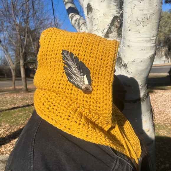 Crochet Hood Scarf *- Yellow with Feather Appliqué - by Wojo
