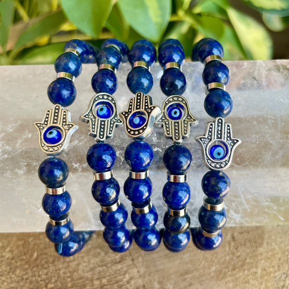 Lapis Lazuli and Evil Eye Hamsa Bracelet - 8mm