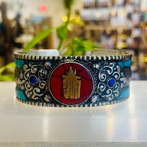 Nepal Cuff Bracelet with Dragon and Kalachakra symbol