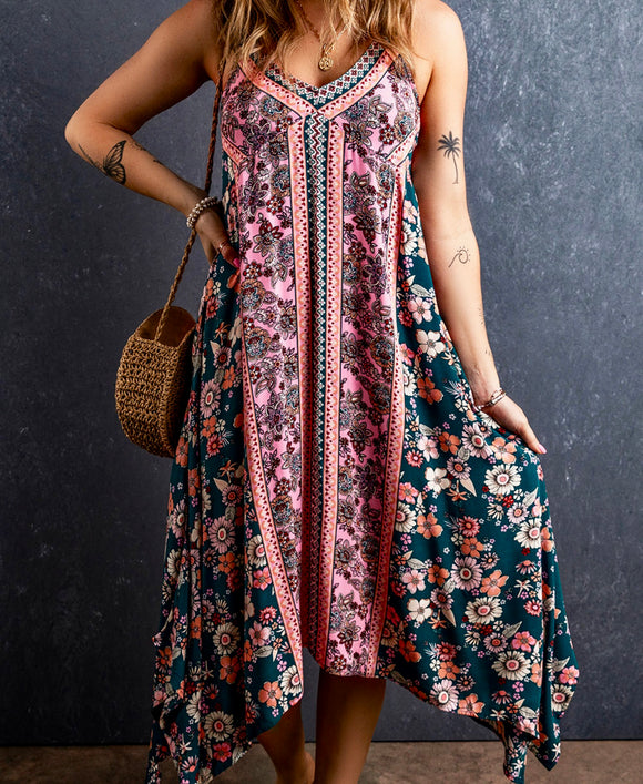 Pink Patchwork Floral Boho Summer Dress