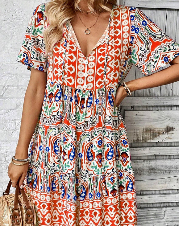 Orange Boho Print, Tie Neck Ruffle Summer Dress