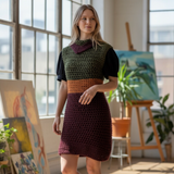 Crochet Tunic Dress * - Green, Mustard and Maroon Colour Block- Size Medium