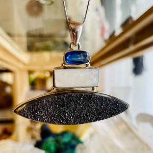 Triple Transformation Pendant - Blue Kyanite, Moonstone and Black Druzy Quartz