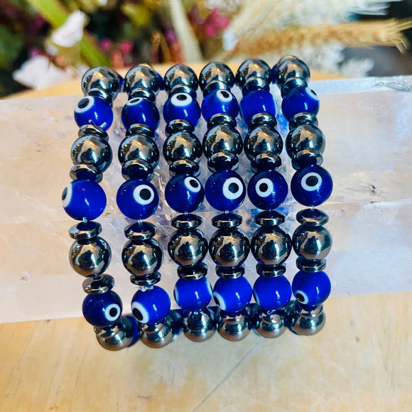 Evil Eye Bracelet with Synthetic Hematite