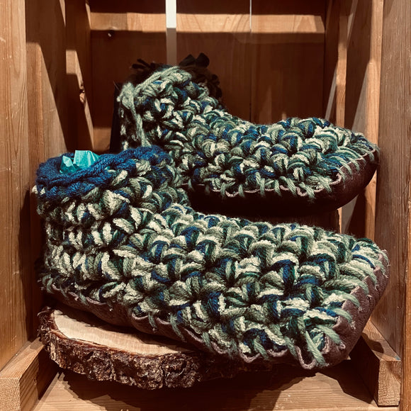 Crochet Slippers *- Size 9  Low Rise Green & Dark Blue