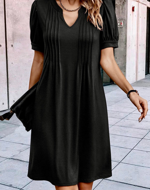 Notched Neck Pleated Puff Sleeve T-shirt Dress - Black