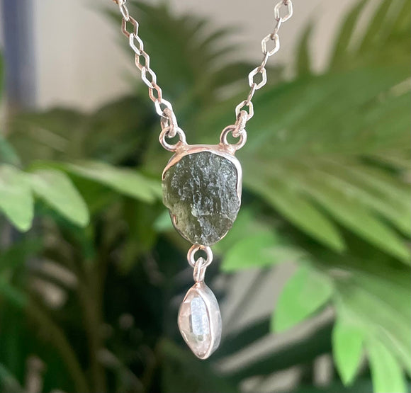 Moldavite and Herkimer Diamond Necklace 16”