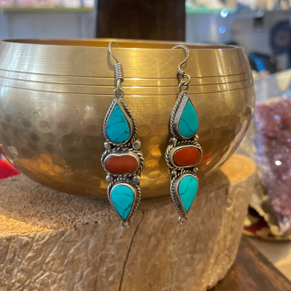 Nepal Steel Earrings with Turquoise and Coral
