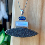 Triple Transformation Pendant - Blue Kyanite, Moonstone and Black Druzy Quartz
