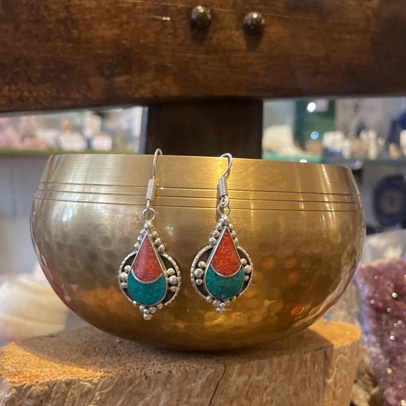 Nepal Steel Earrings - Crushed Turquoise and Coral