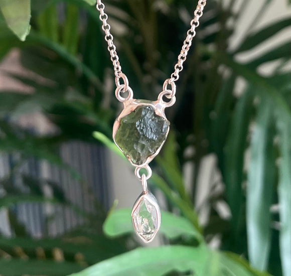 Moldavite and Herkimer Diamond Necklace 18”
