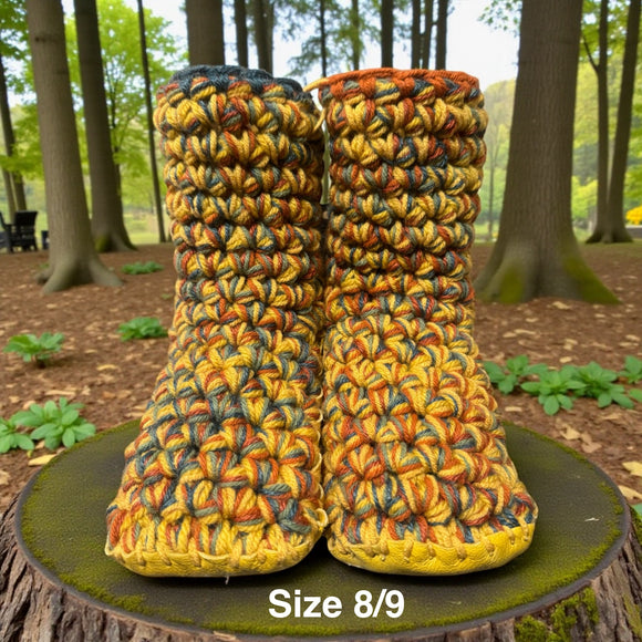 Crochet Slippers * - Size 9 Mid Rise Mustard & Greens