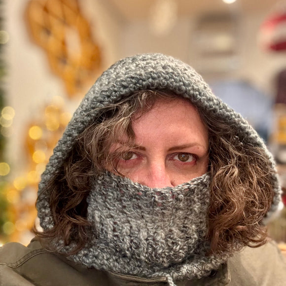 Crochet Hood Scarf - Face Warmer- Grey