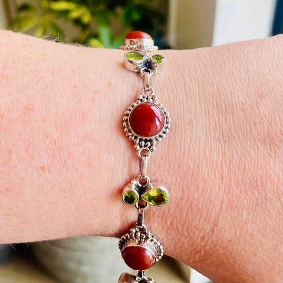 Carnelian and Peridot Sterling Bracelet