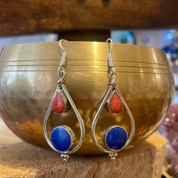 Nepal Steel Earrings - Lapis Lazuli and Coral