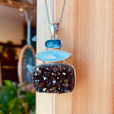 Triple Transformer Pendant - Blue Kyanite, Moonstone and Black Druzy Quartz