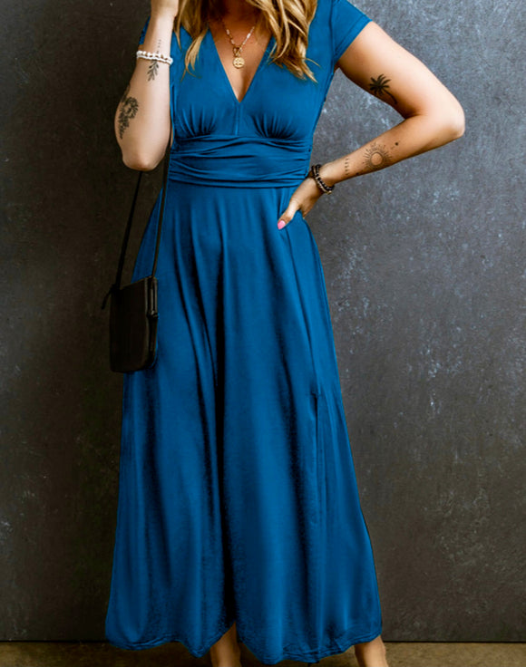 Peacock Blue V-Neck Maxi Dress - Summer