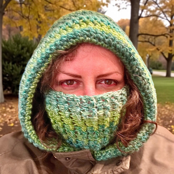 Crochet Hood Scarf - Face Warmer- green teal