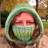 Crochet Hood Scarf - Face Warmer- green teal