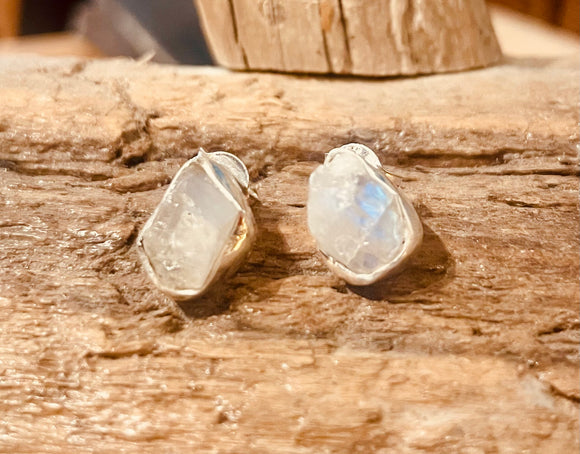 Rainbow Moonstone -Raw- Stud Earrings