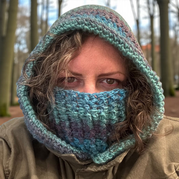 Crochet Hood Scarf - Face Warmer- blue,green, purple rainbow
