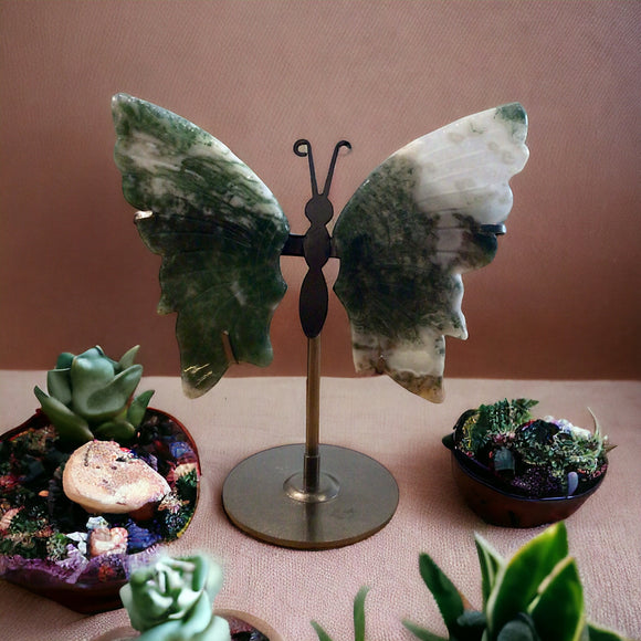 Moss Agate Butterfly Wings with Stand