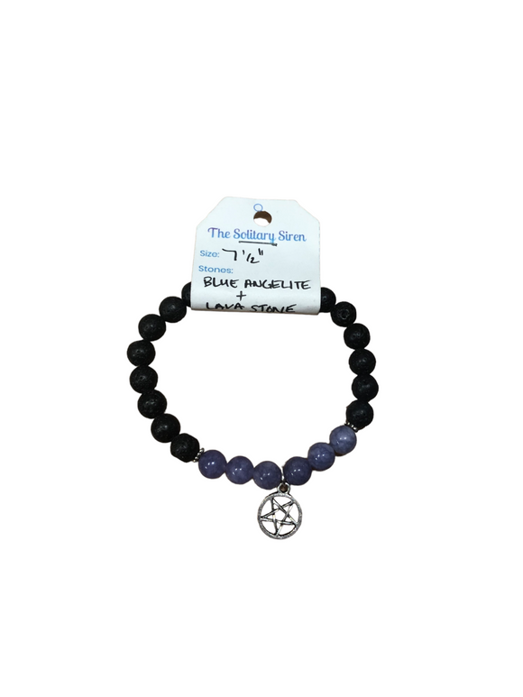 Solitary Siren Blue Angelite and Lava Stone Bracelet 7 1/2”