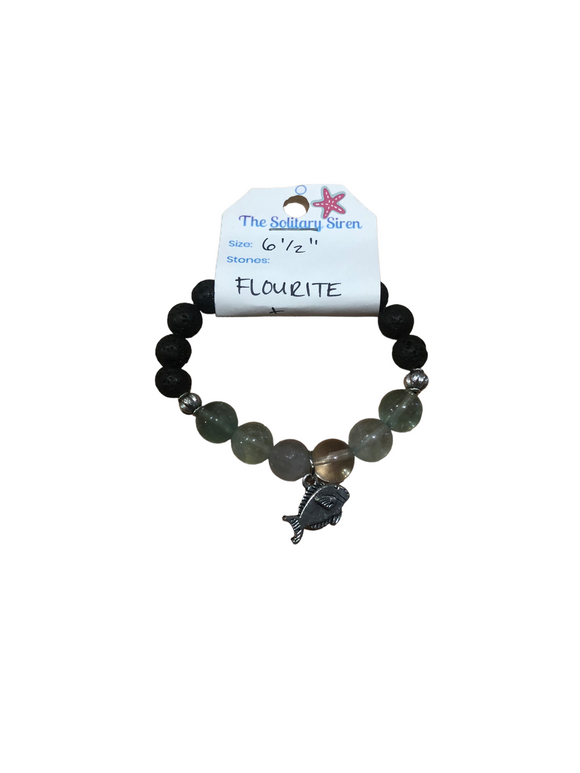 Solitary Siren Fluorite and Lava Stone Fish Bracelet 6 1/2”
