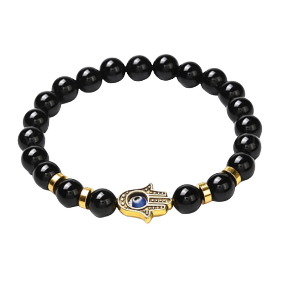 Black Onyx Evil Eye Bracelet with Gold Hamsa