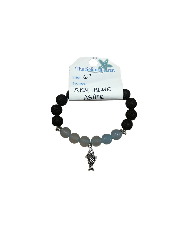 Solitary Siren Sky Blue Agate and Lava Stone Fish Bracelet 6”