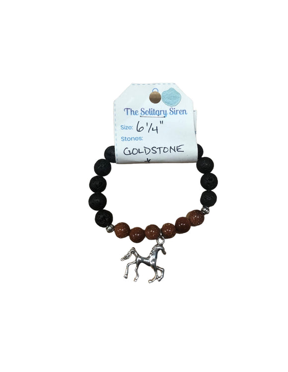 Solitary Siren Goldstone and Lava Stone Horse Bracelet 6 1/4”